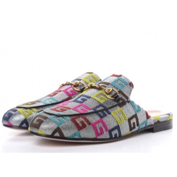 Gucci Velvet Lurex Square G Princetown Slippers Silver Multicolor EU38.5 475094 - Picture 1 of 13